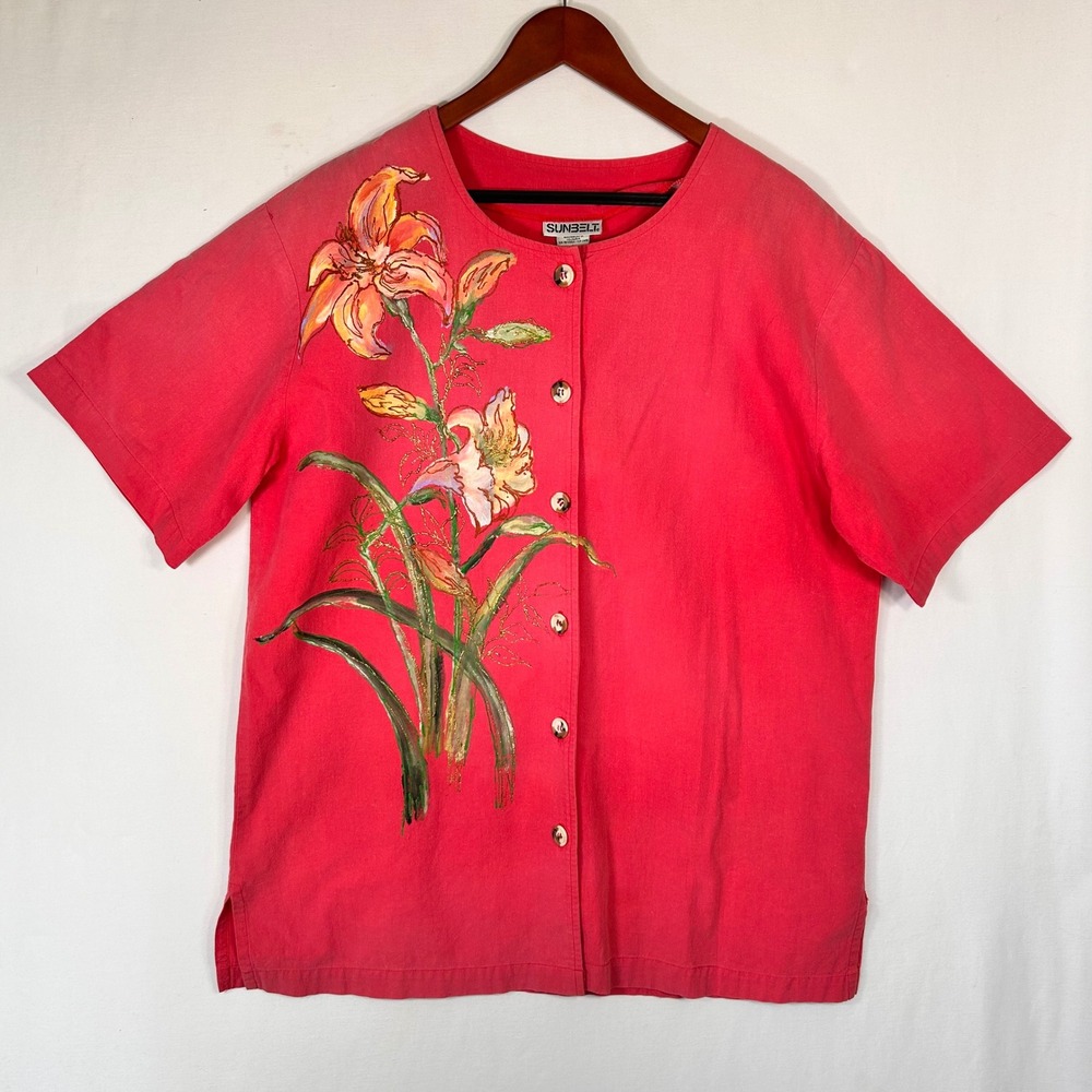 Sunbelt Vintage Coral Pink Cotton Hand Painted Floral Button Up Shirt Womens L